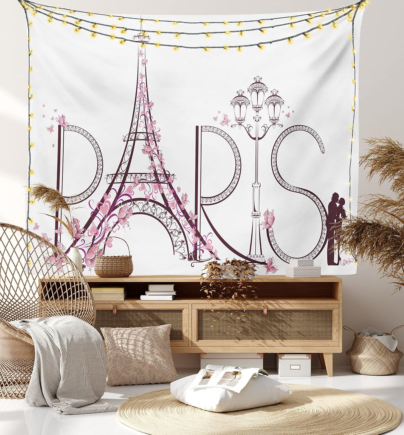 Paris Tapestry King Size, Tower Eiffel Lettering Couple Trip Flowers Floral Design European Print, Wall Hanging Bedspread Bed Cover Wall Decor, King Size, Pink Plum