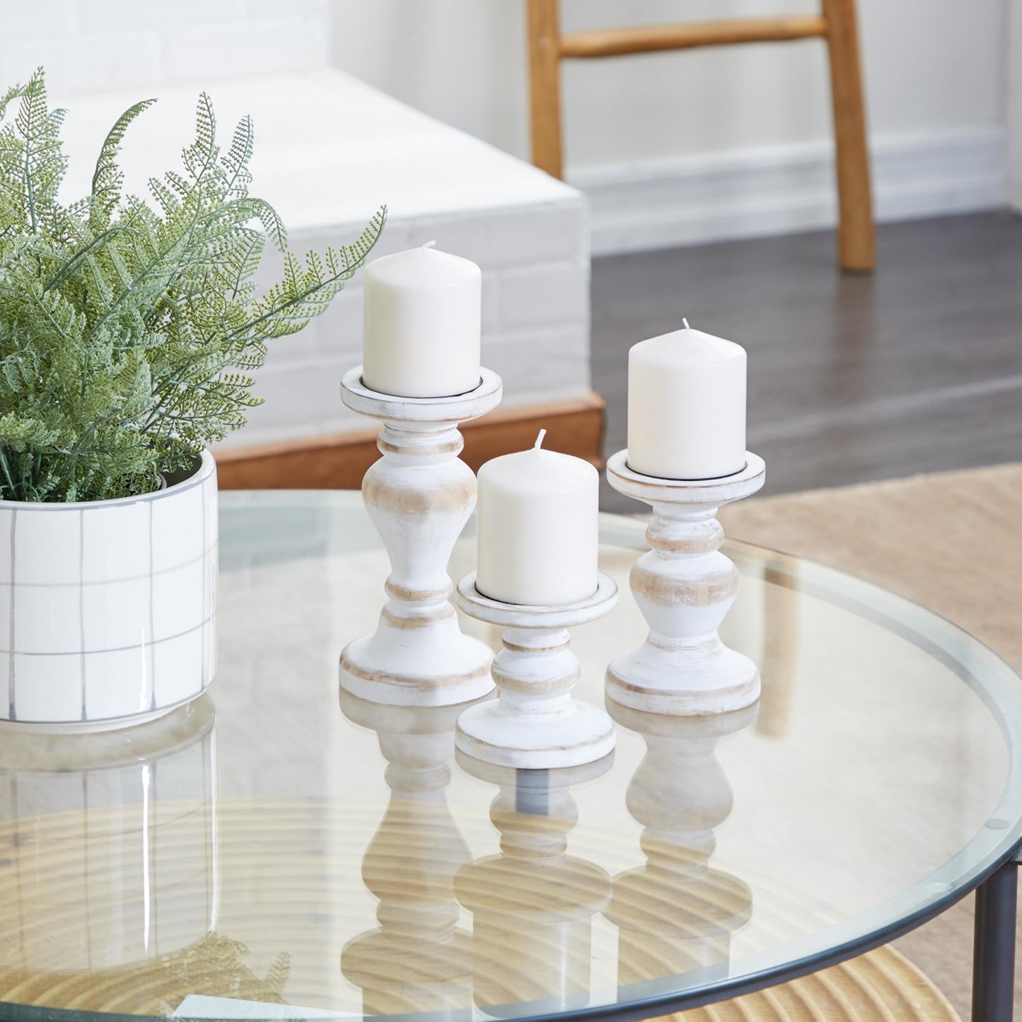 Farmhouse White Washed Wooden Curved Pillar Candle Holders Set of 3, 8", 6", 4"H Natural Distressed Finish