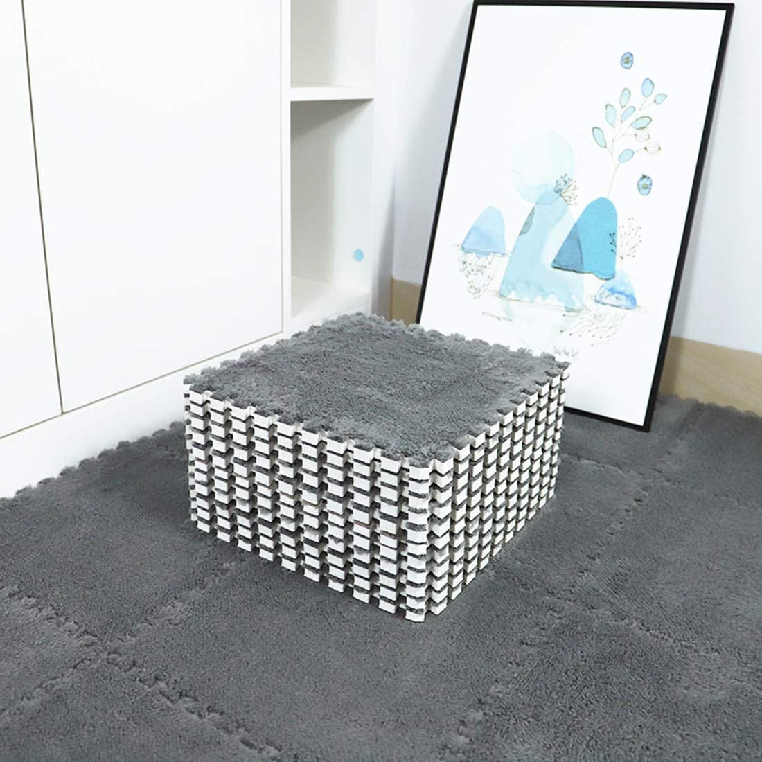 Interlocking Carpet Shaggy Soft EVA Foam Mats Fluffy Area Rugs Protective Floor Tiles Exercise Play Mat for Children Kids Room Home Parlor Bedroom (12 Pcs, Gray)