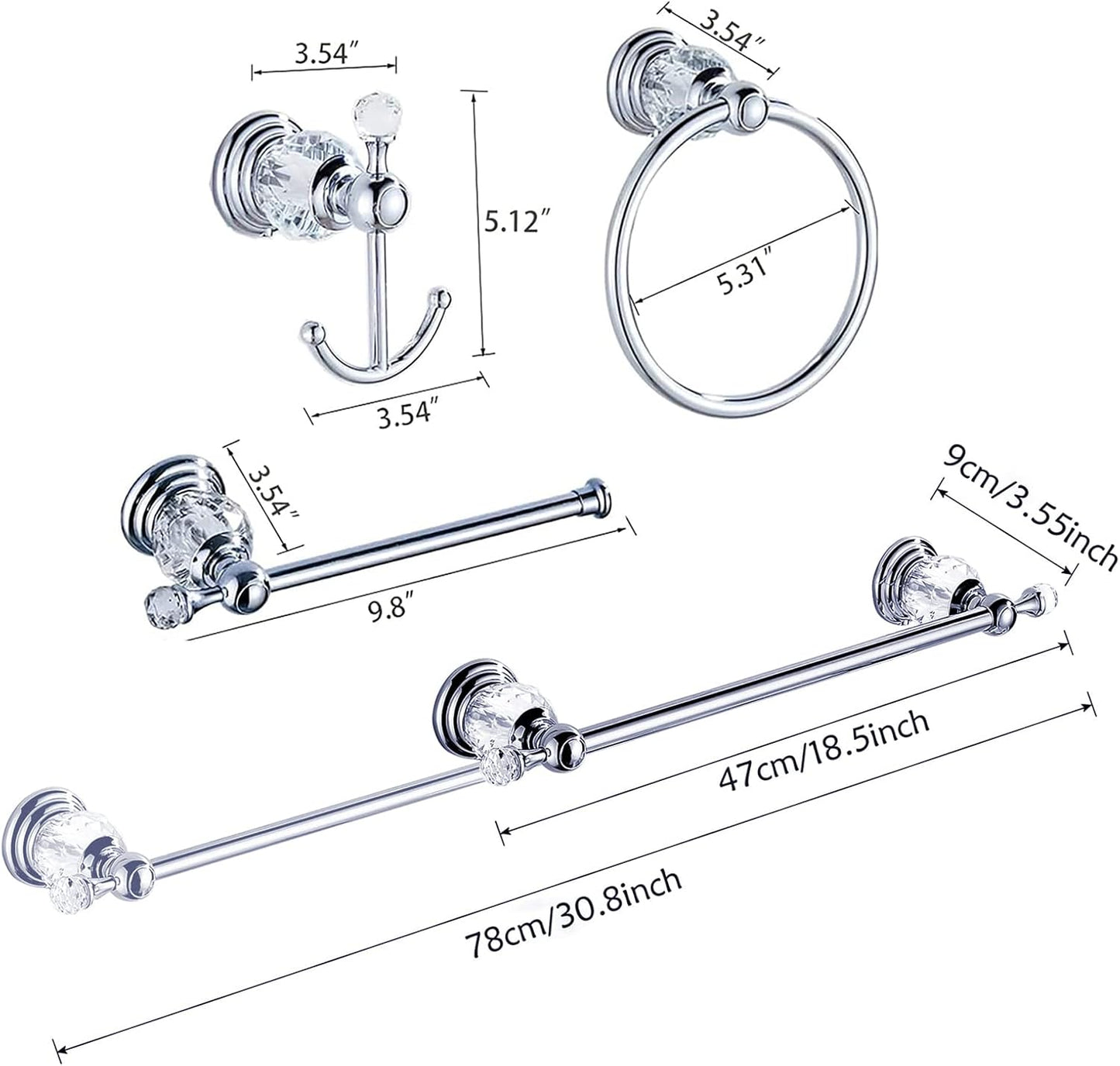 Crystal Bathroom Hardware Set, Chrome Bathroom Accessories Silver Towel Ring Towel Bar Toilet Paper Holder Coat Hooks Wall Mounted Polished 4 Pieces with Crystal Ball Base Designed