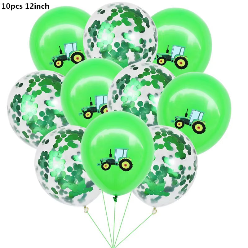 Farm Theme Green Tractor Inflatable Balloons Cake Topper Happy Birthday Party Decoration Kids Birthday Excavator Vehicle Banner
