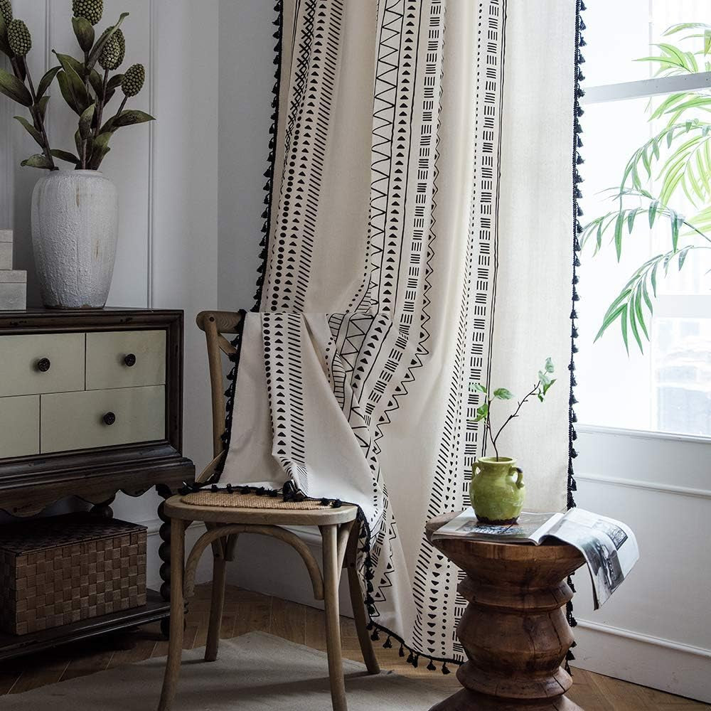 Boho Curtains 2 Panels, Black and White Living Room Curtains 63 Inch Length, Farmhouse Geometric Tassels Rod Pocket Window Drapes for Kitchen Dining Room