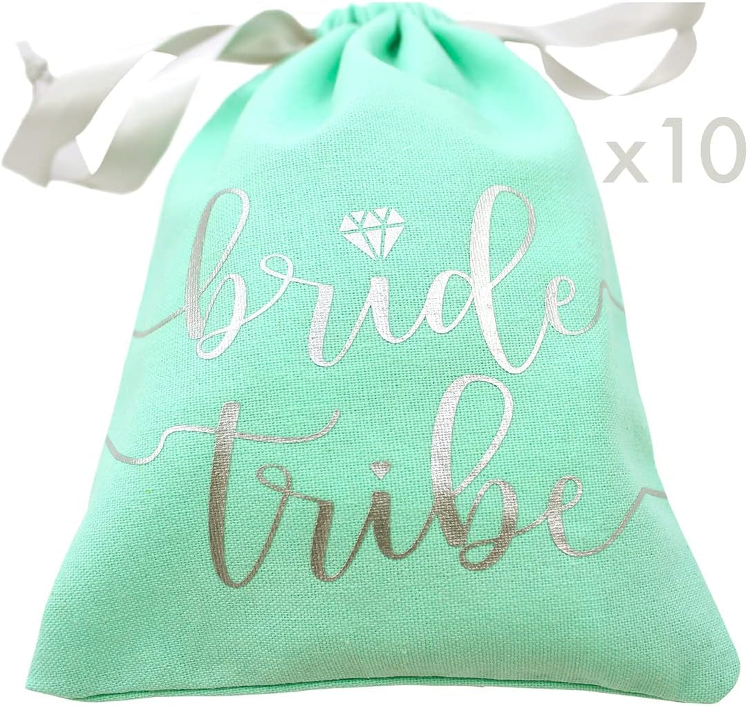 10Pc Bride Tribe Drawstring Bags W/ Satin Ribbon, 7X5” - Cotton Pouch for Bridesmaids, Bachelorette, Bridal Party, Bridal Shower, Wedding Favor, Survival Kit, Hangover Kit (7X5 Inch (Pack of 10), Mint