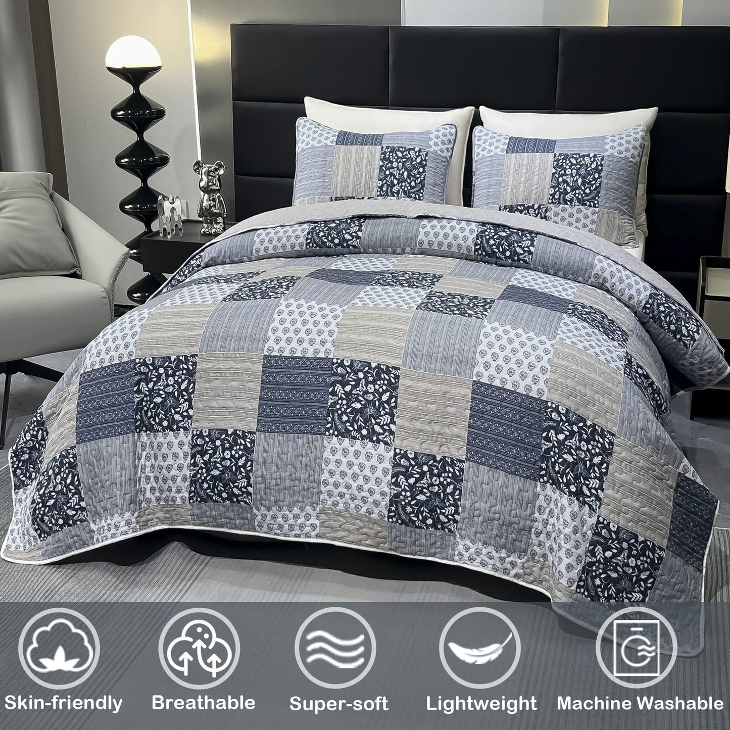 Oversized King Size Quilt Set 128X120 Grey Plaid Patchwork Extra Wide Super K...
