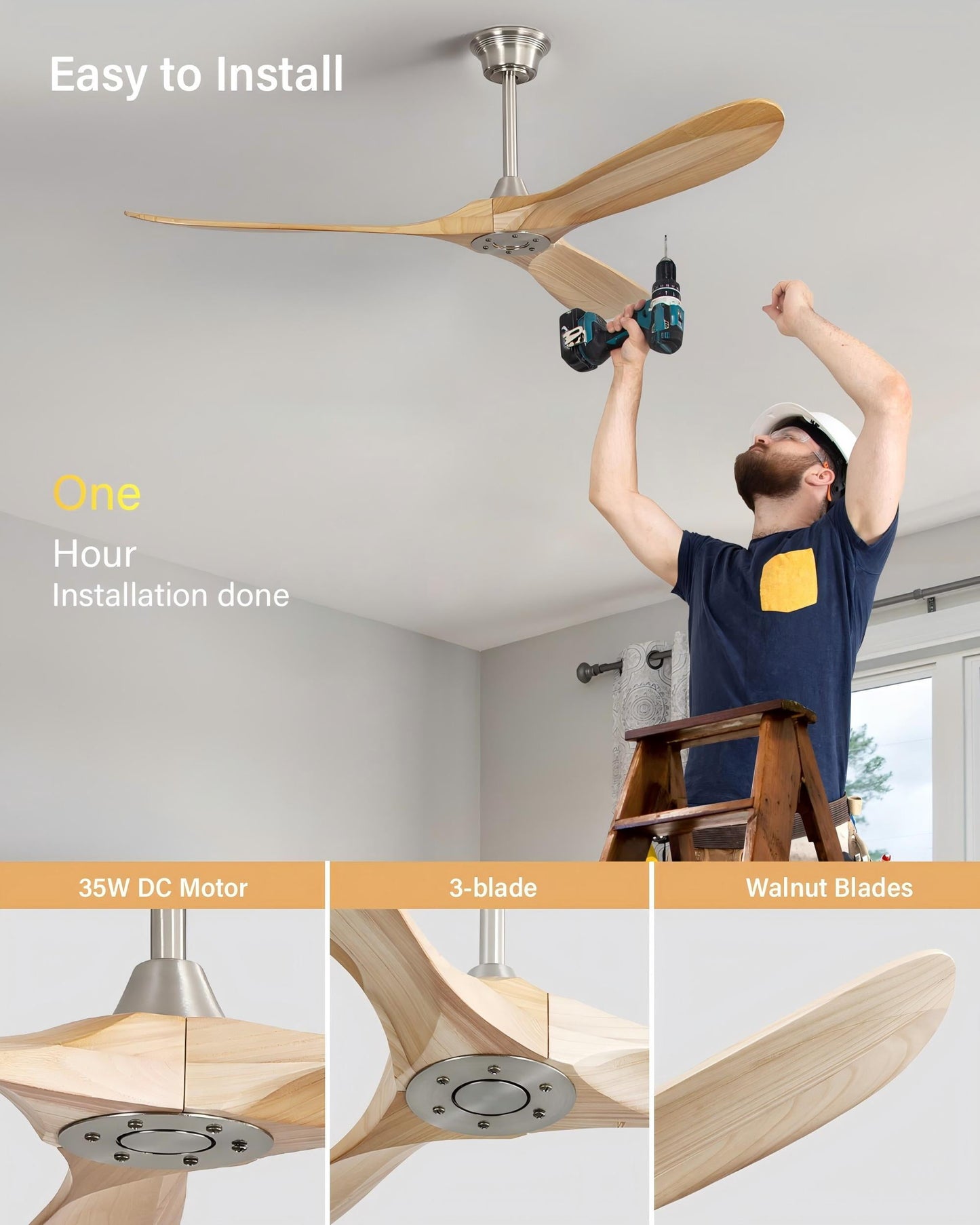 60" Modern Farmhouse Ceiling Fan with Remote Control No Lights, 3 Blades Reverse Airflow,Nickel