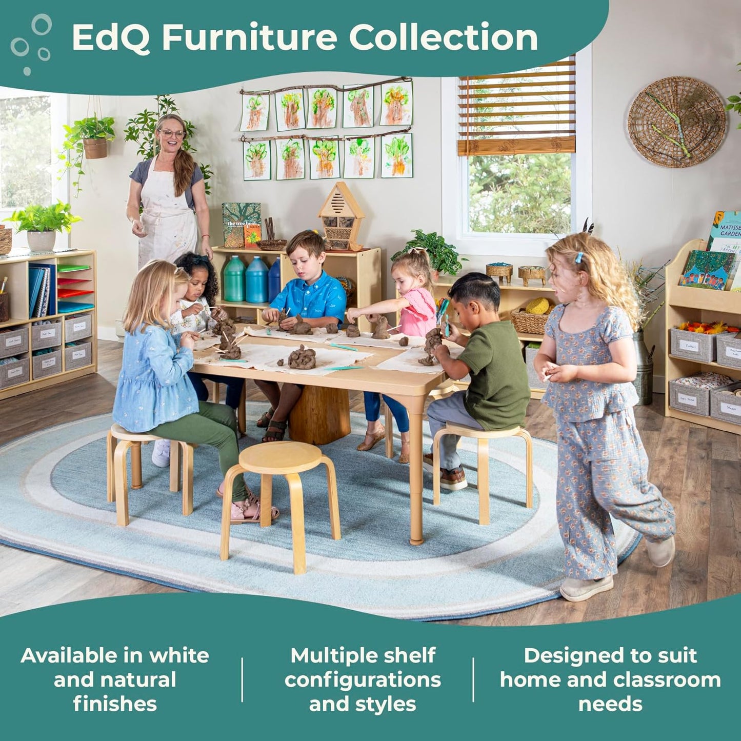 Edq Book and Bin Browser Natural: 6 Fabric Storage Bins, Book Display and Toy Storage Organizer for Kids; School Supply Furniture