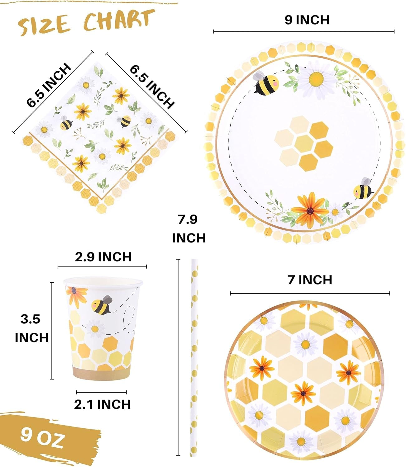 Bee Themed Party Supplies – Serves 16 – Includes Disposable Bee Plates, Cups, Napkins, and Straws Perfect for Bee Decorations, Bumble Bee Birthday Party Pack, Bee Gender Reveal, and Baby Shower