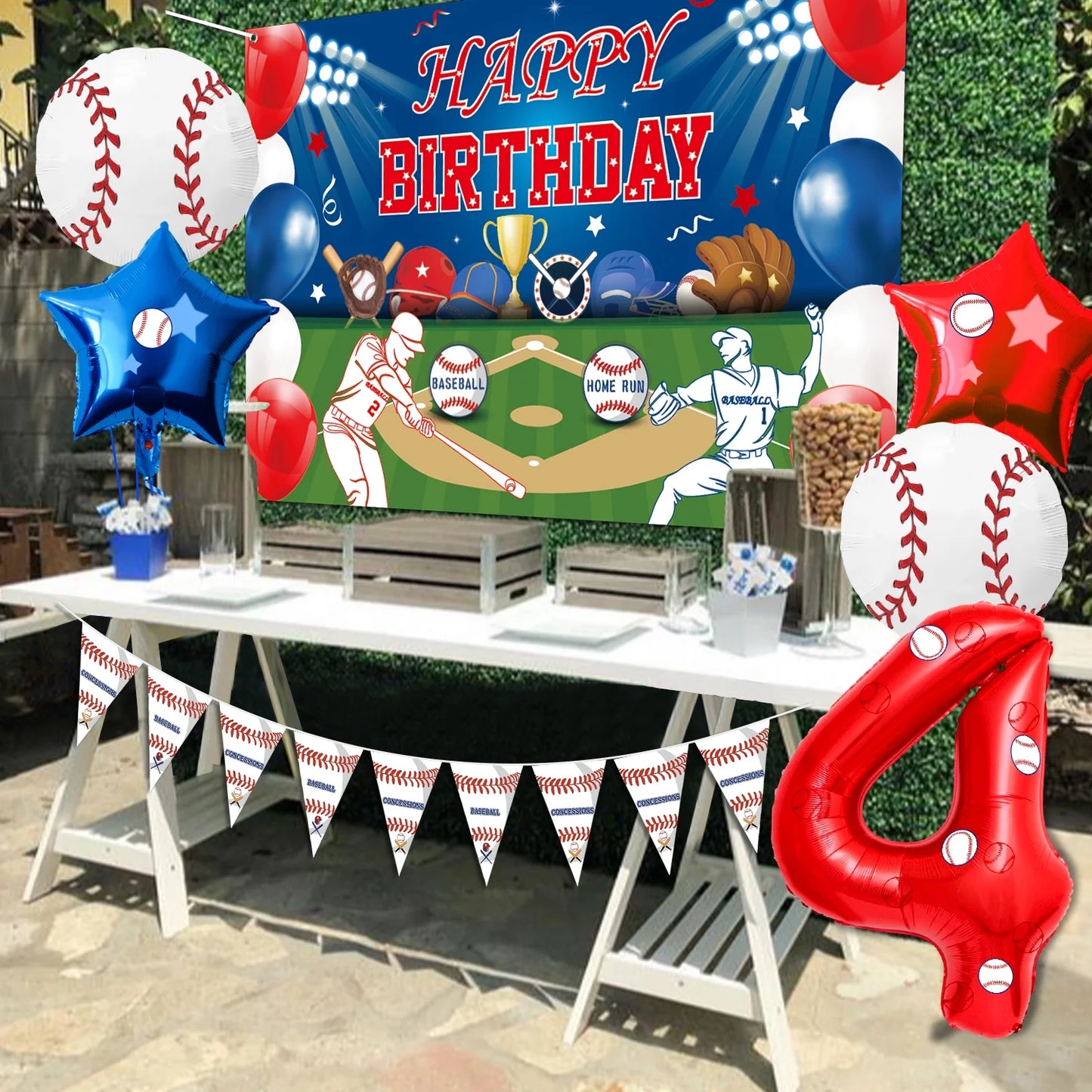5 Pcs Baseball Balloons Set - Includes Baseball Foil Balloons, Number4 Balloon, Blue Red Star Balloons, Baseball Stickers for Baseball Party Supplies