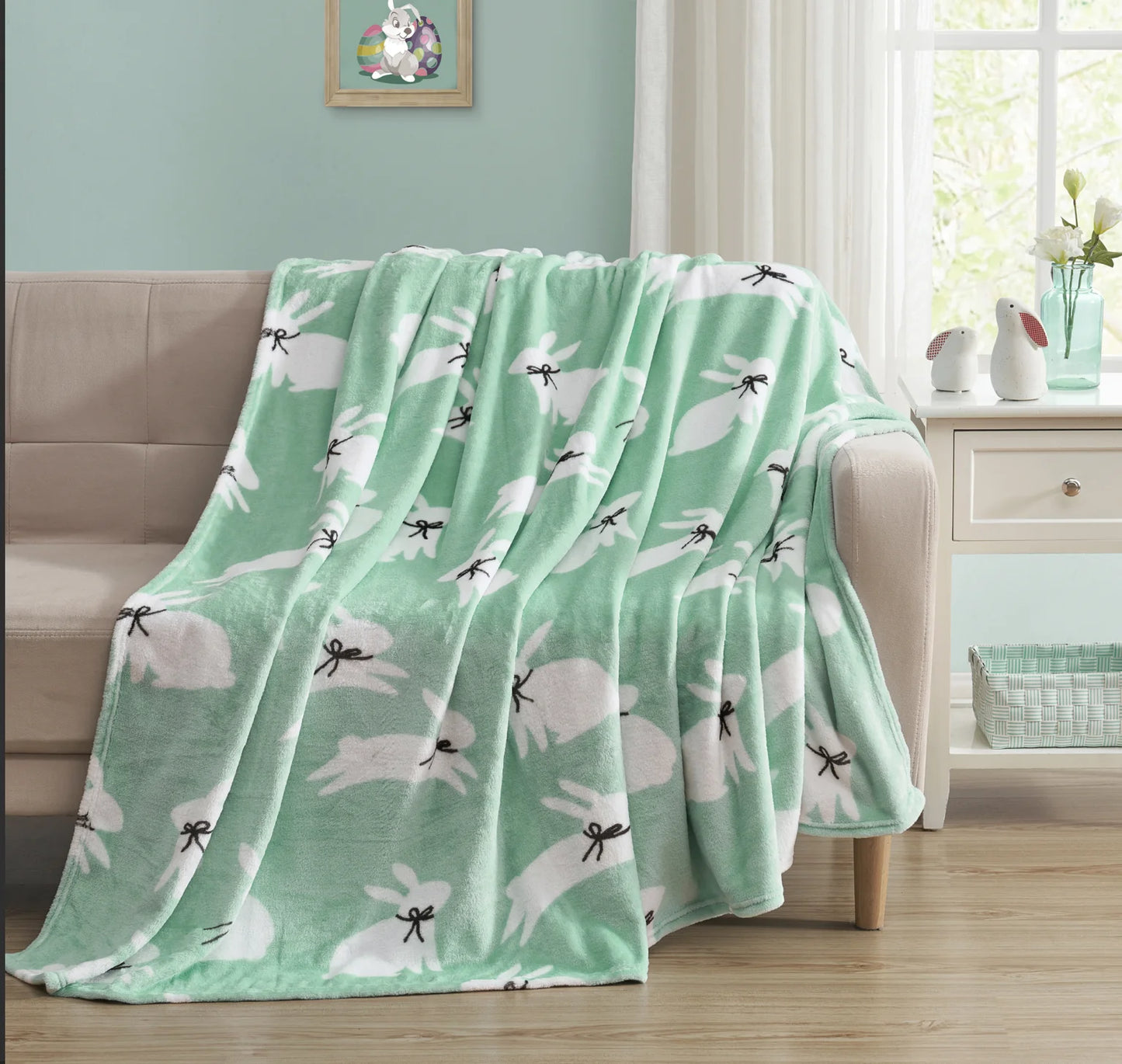 Spring Throw Blanket, Soft Cozy Velvet Fleece, Pink Blue White, 50" X 60" Inch