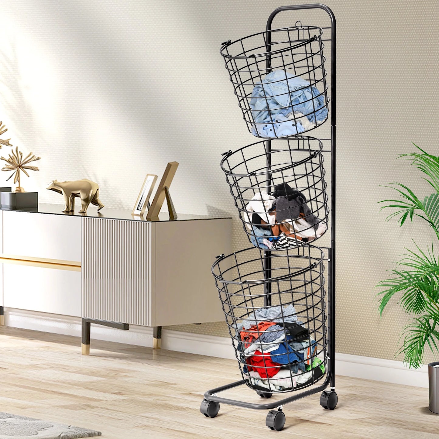 Removable 3 Tier Metal Rolling Laundry Basket Cart,Large Capacity Wire Basket Laundry Hamper with Wheels, Laundry Butler for Bathroom Bedroom Laundry Room, Black