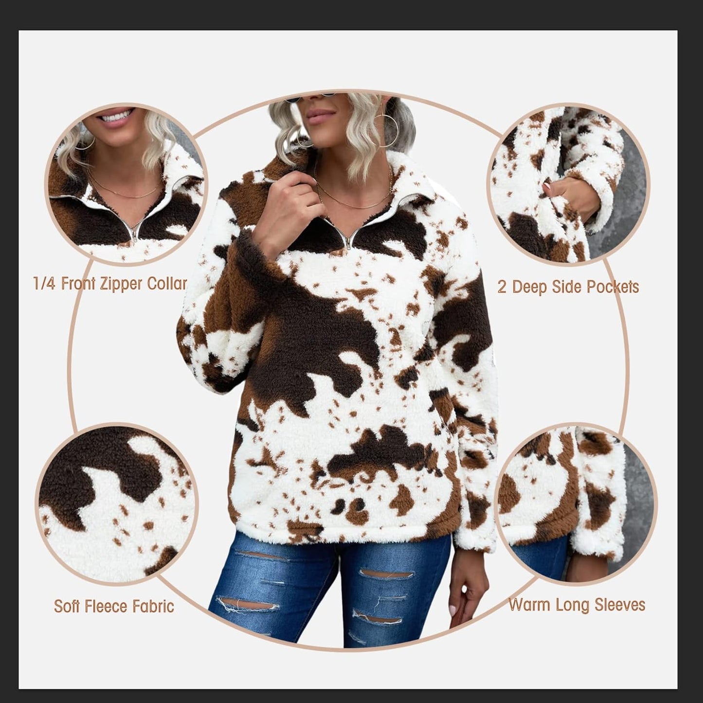 Womens plus Size Long Sleeve Casual Zip Collar Cow Print Fleece Jacket Tops