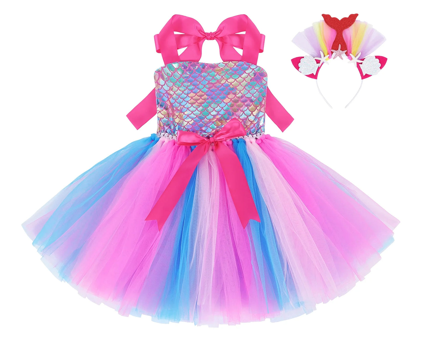 Little Girls Sequin Ariel Mermaid Princess Cosplay Dress Birthday Party Halloween Cosplay Costumes with Hairband 6-7 Years