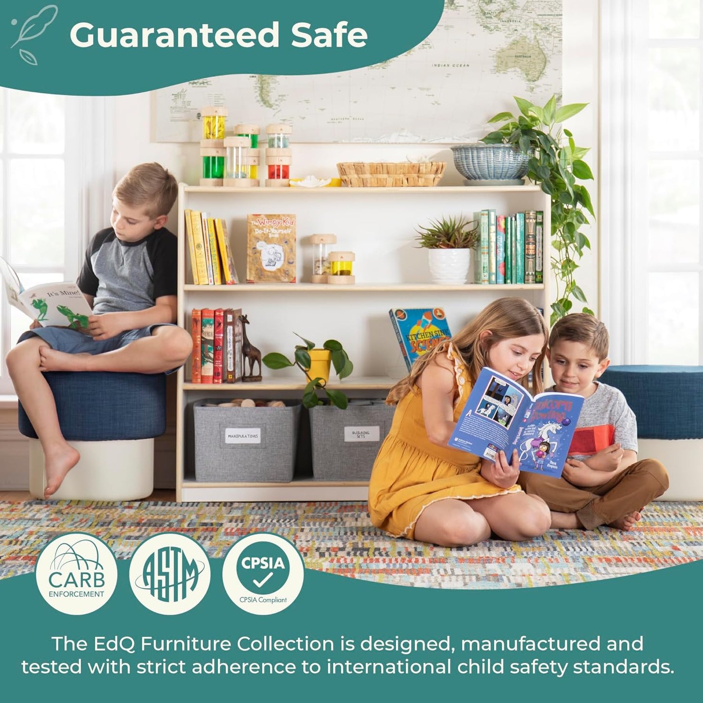 Edq Three Shelf Open Storage White with 3 Fabric Bins: Wood Bookshelf and Toy Organizer for Kids and Teachers; School Supply Furniture for Classrooms and Home