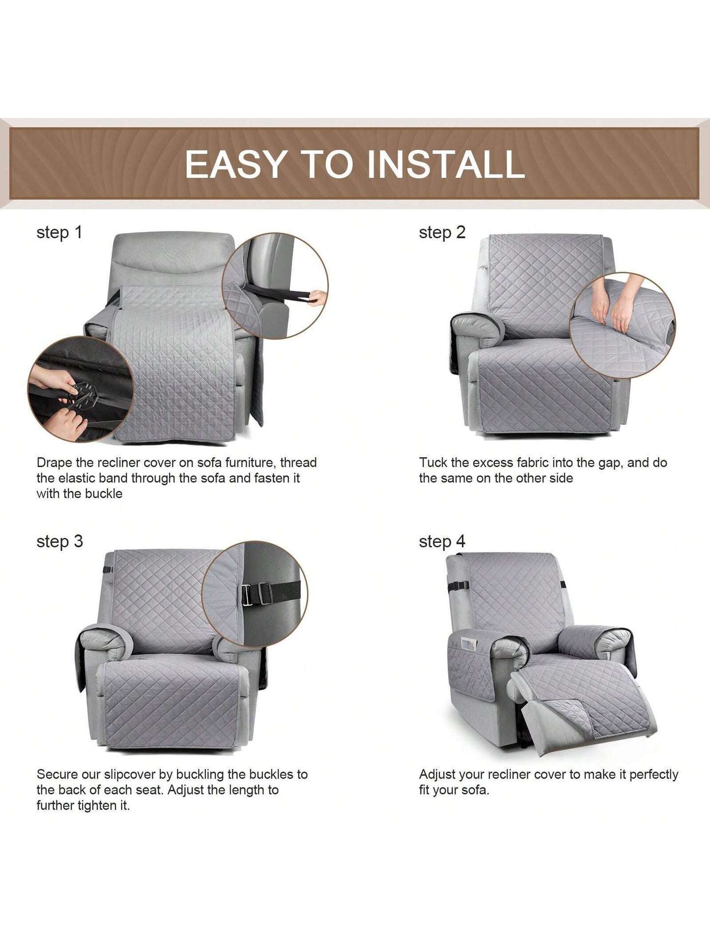Waterproof Recliner Sofa Cover, Non-Slip Reclining Couch Covers for 1, 2 & 3 Seater, Recliner Couch Cover Furniture Protector with Elastic Straps for Pets, Kids
