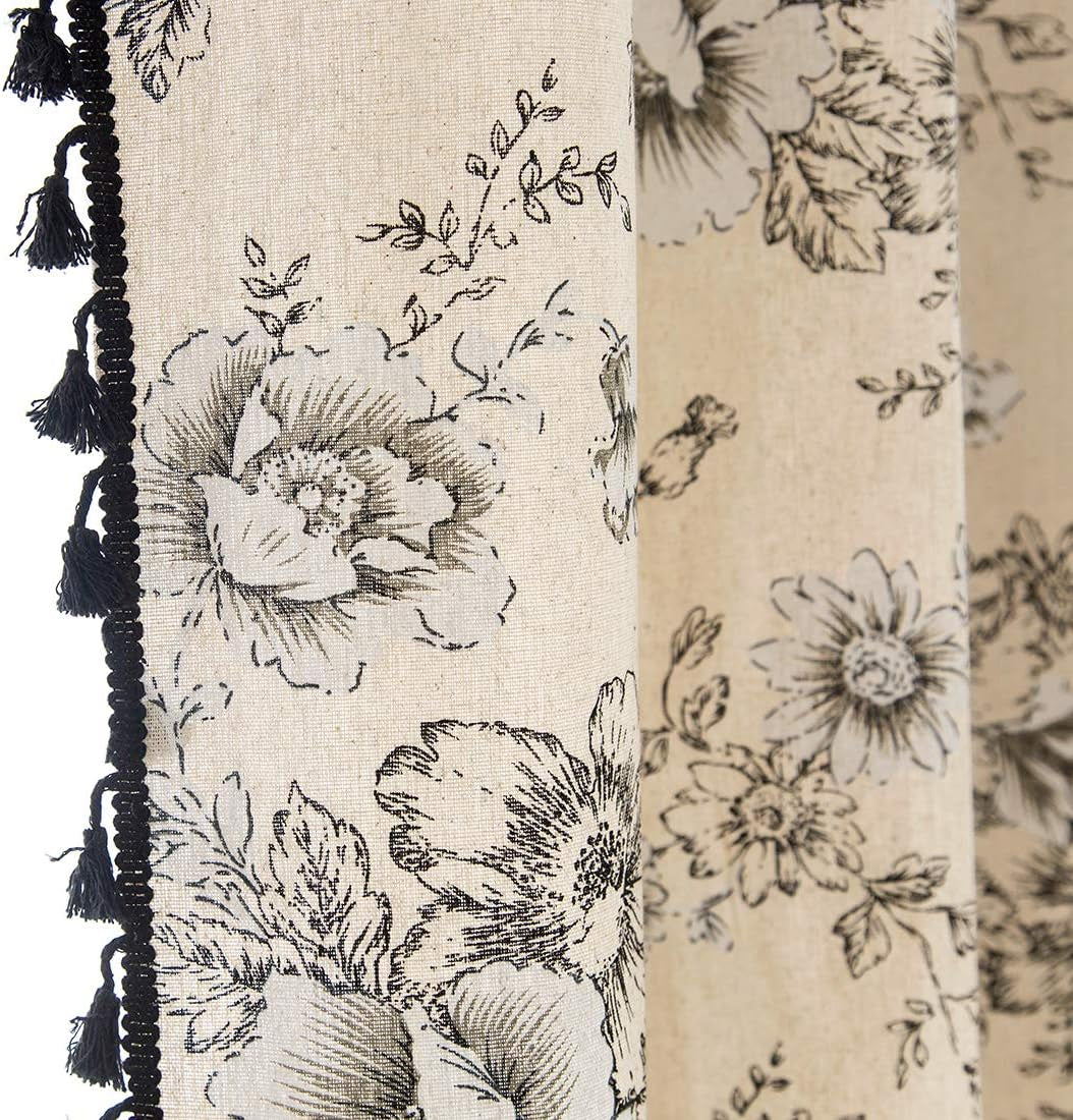 Cotton Linen Floral Window Curtain with Tassels Farmhouse Room Darkening Grommet Curtains for Bedroom Living Room Windows, 1 Panel (Floral,59"X63")