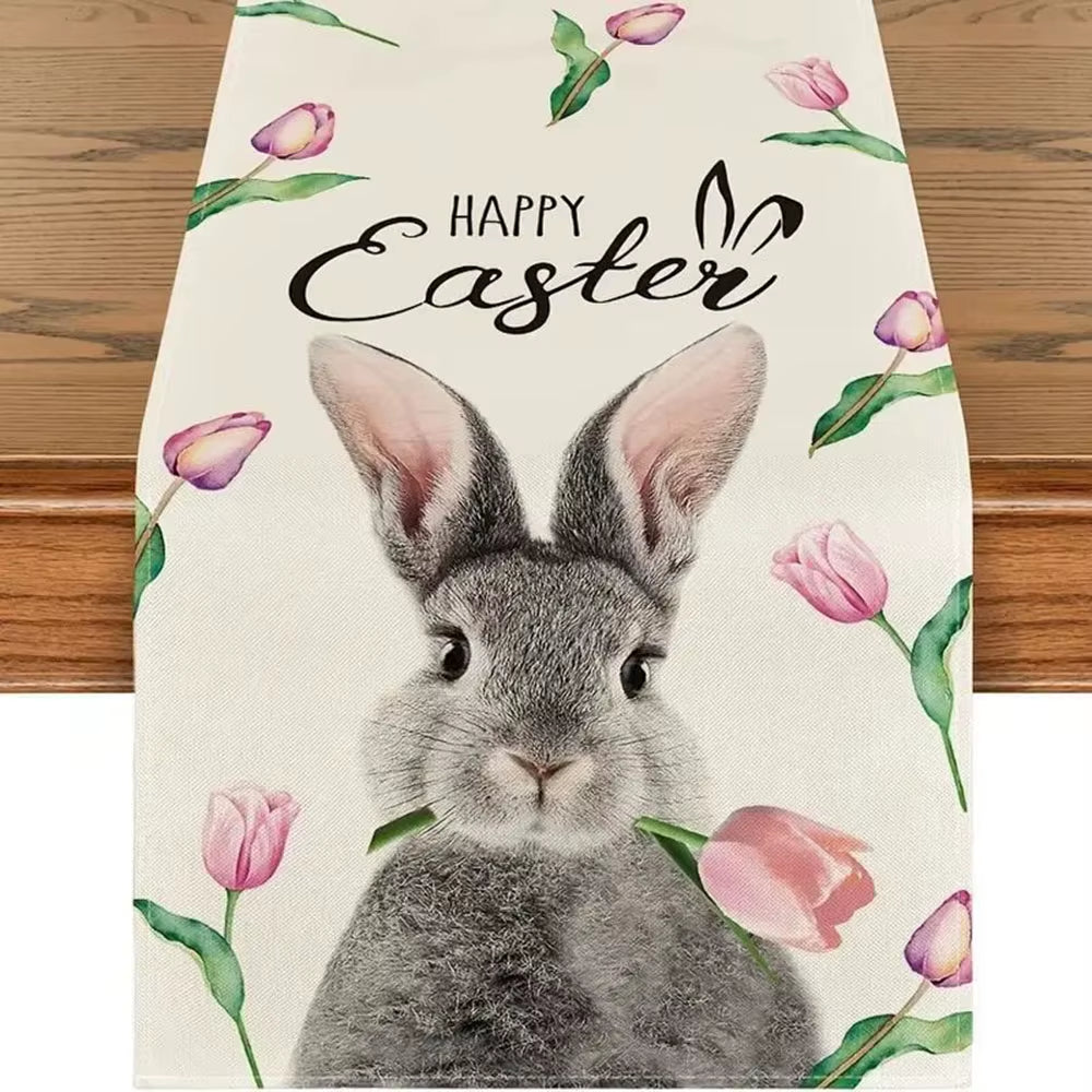 Easter Rabbit Colorful Eggs Flowers Green Plaid Linen Table Runners Washable Kitchen Dining Table Runners Wedding Decorations