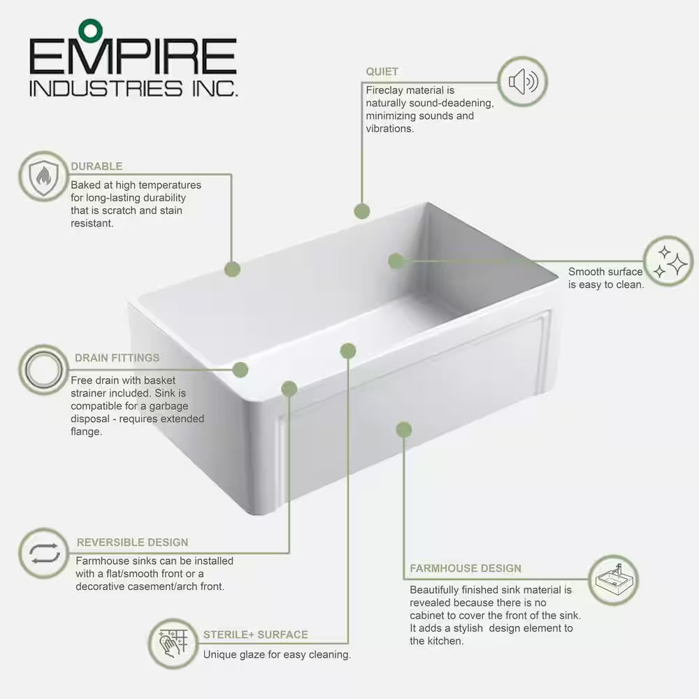 Olde London Farmhouse Fireclay 33 In. Single Bowl Kitchen Sink with Grid with Grid and Strainer