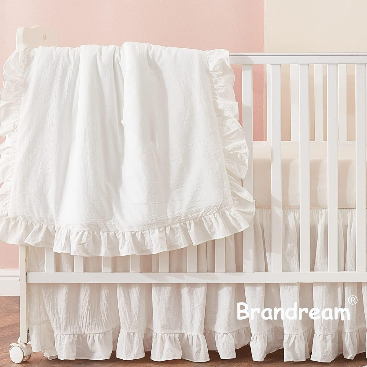 Farmhouse Crib Bedding Sets for Girls and Boys | 3 Piece Nursery Set White| Baby Comforter, Fitted Crib Sheet, Crib Skirt Included,100% Washed Cotton