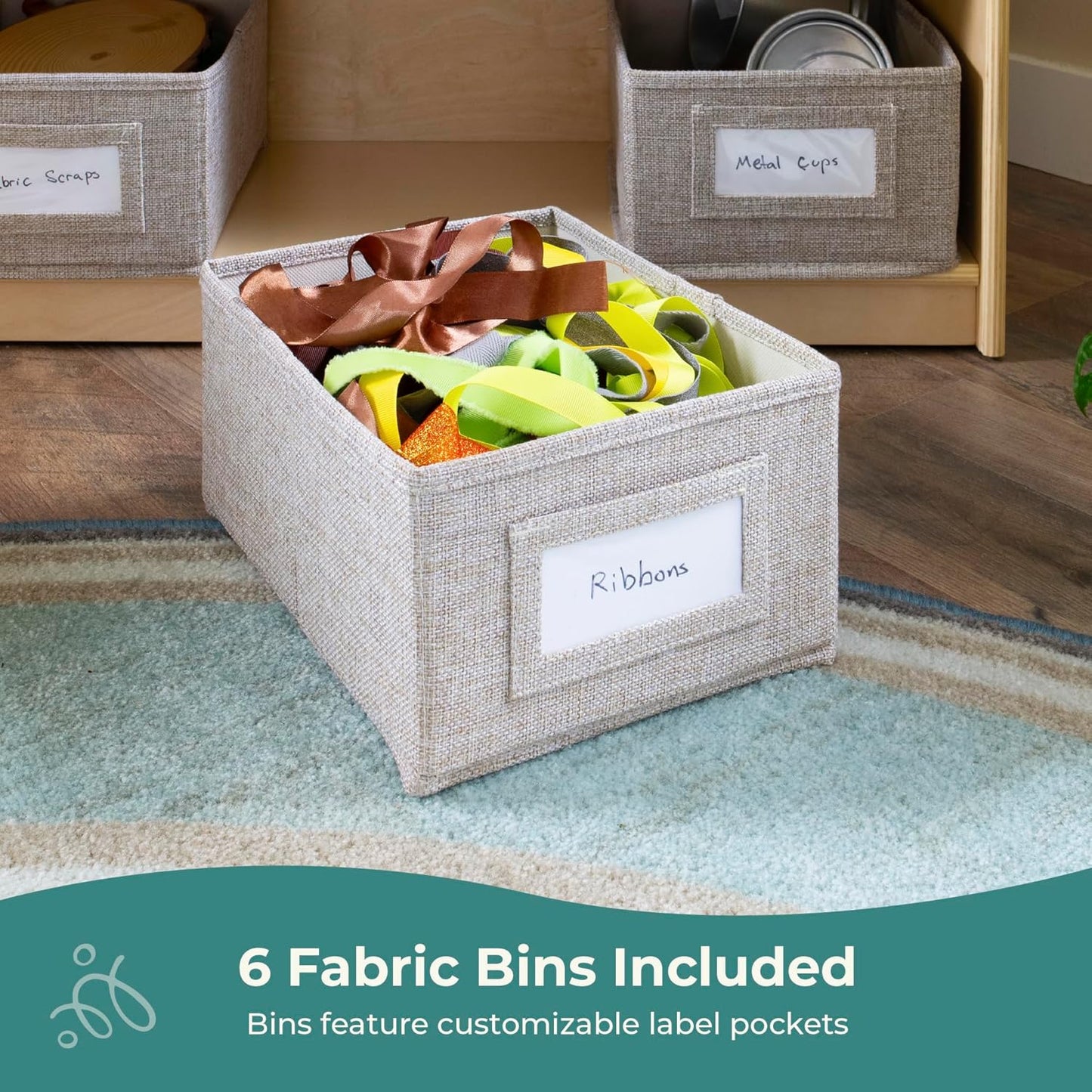 Edq Book and Bin Browser Natural: 6 Fabric Storage Bins, Book Display and Toy Storage Organizer for Kids; School Supply Furniture