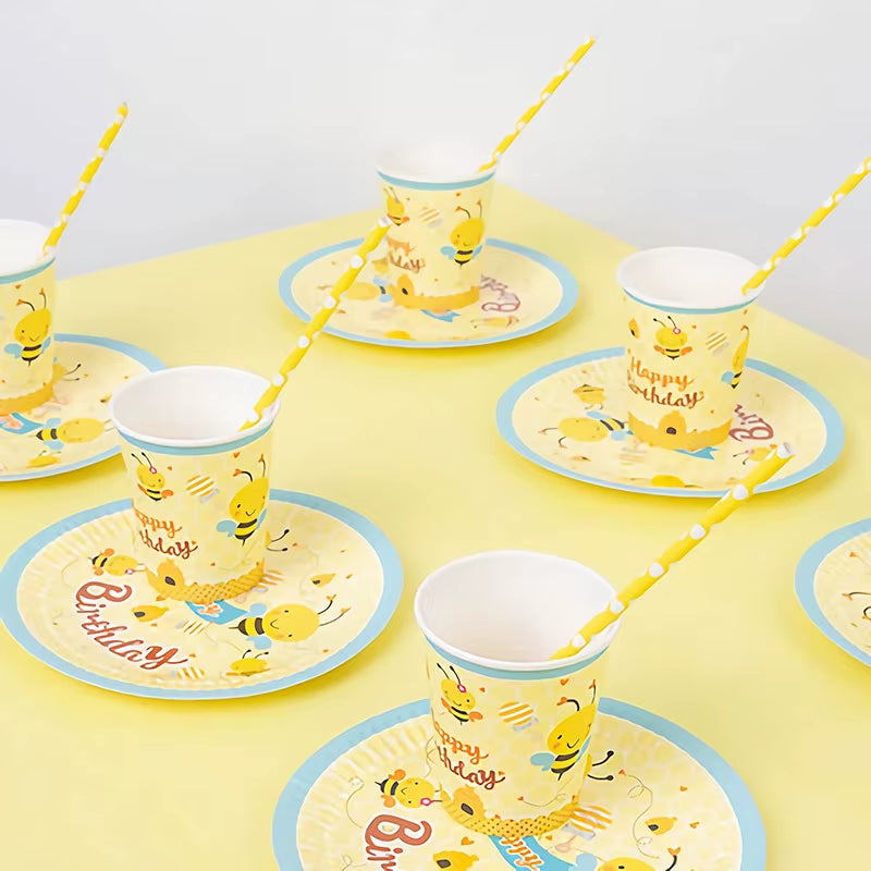 Cute Cartoon Honey Bee Disposable Tableware Plate Cup Kids Birthday Party Decorations Yellow Baby Bee Day Supplies