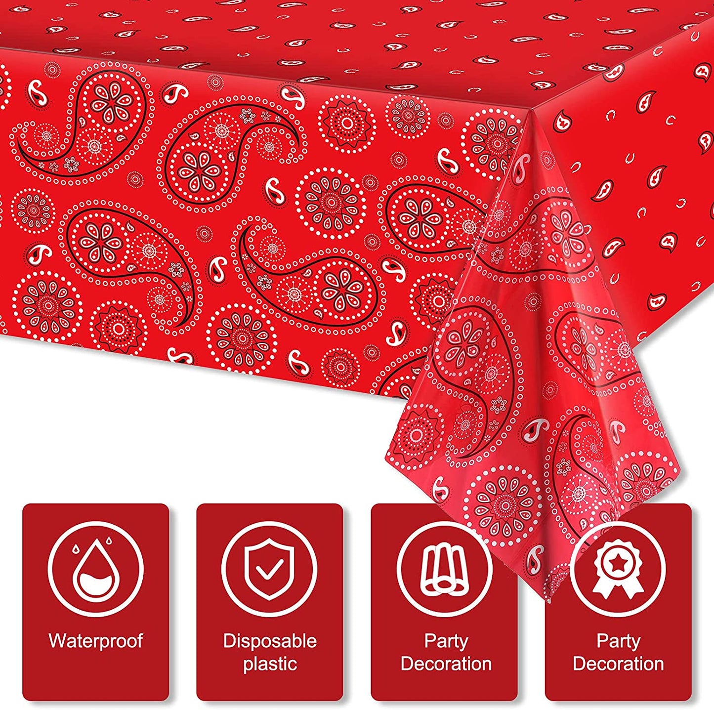 Western Party Tablecloth Paisley Table Cover Bandana Plastic Table Cloth Rectangle Floral Tablecloth for Western Cowboy Themed Party Decorations, 108 X 54 Inches (Red, 3 Pack)