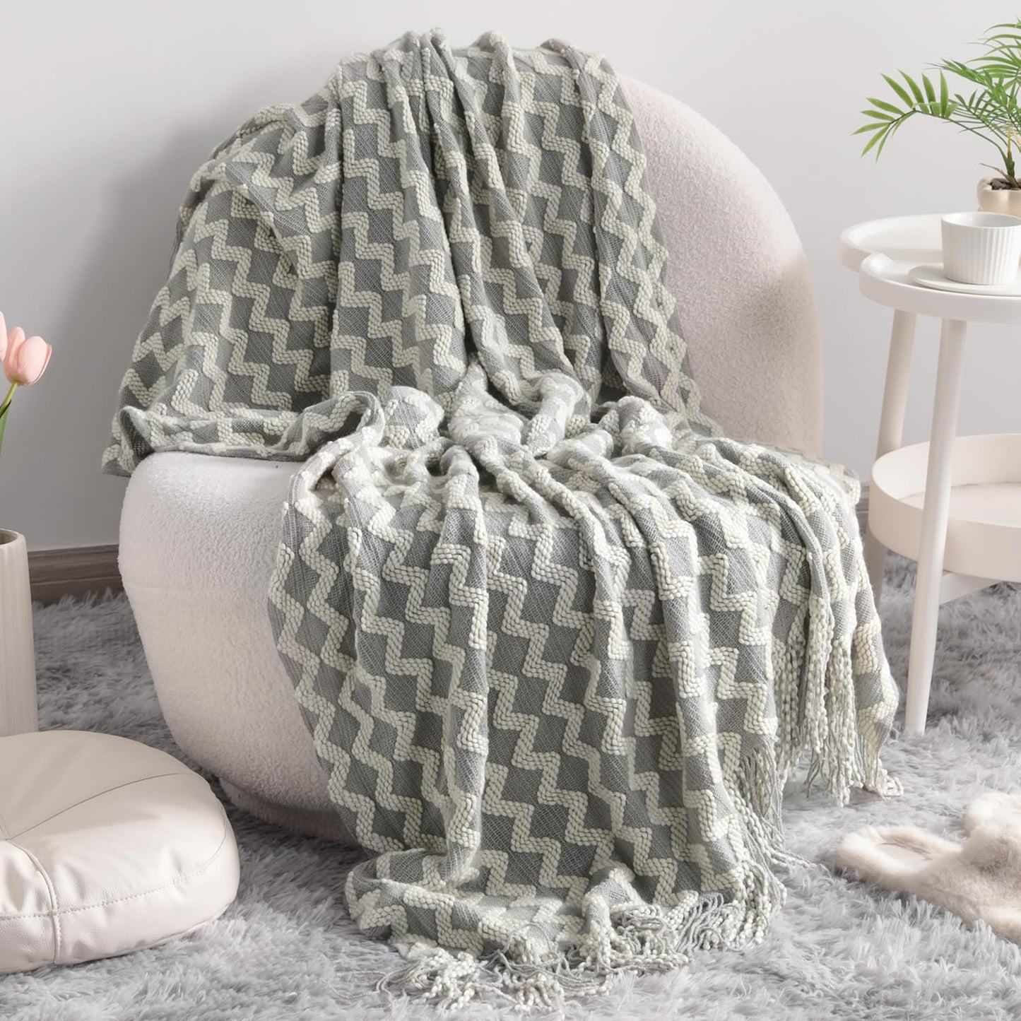 Acrylic Knitted Throw Blanket, Lightweight and Soft Cozy Decorative Woven Blanket with Tassels for Travel, Couch, Bed, Sofa, 51X67 Inches, Taupe Checkered