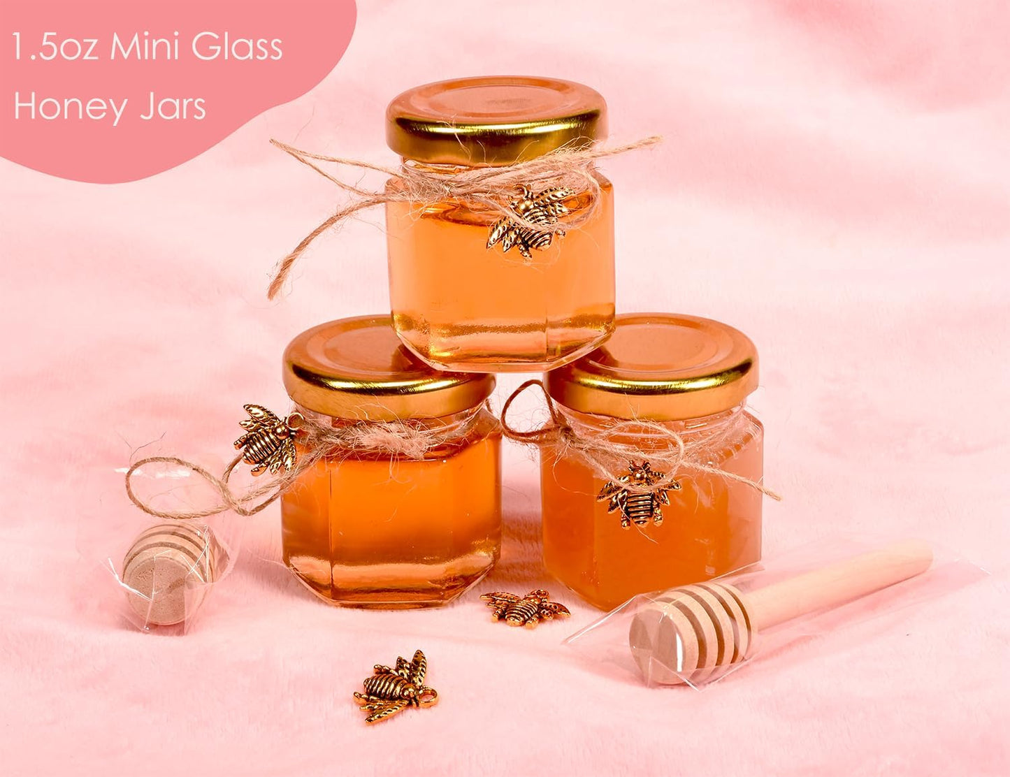 20 Pack Mini Honey Jars with Dipper - Mini Honey Jars for Baby Showers & Wedding Gifts - Gold Lids, Bee Pendants, Jutes and Gift Bags