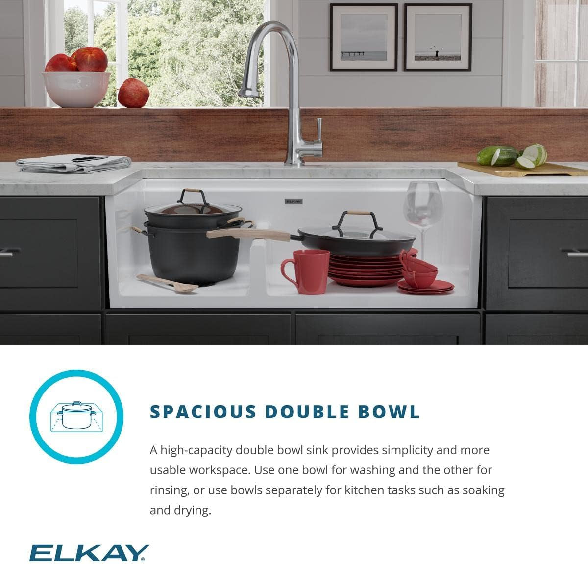 SWUF3320WH Fireclay 60/40 Double Bowl Farmhouse Sink with Aqua Divide, White