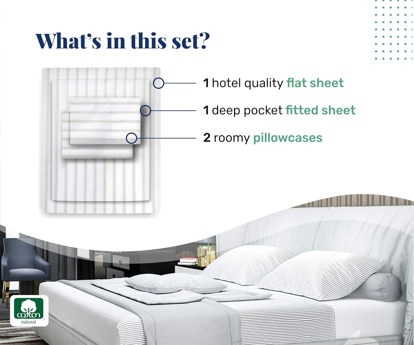Luxury King Size Sheet Set - 100% Cotton, 600 Thread Count Deep Pocket King Sheets, Hotel-Quality Bedding with Sateen Weave - Ticking Stripe Pattern