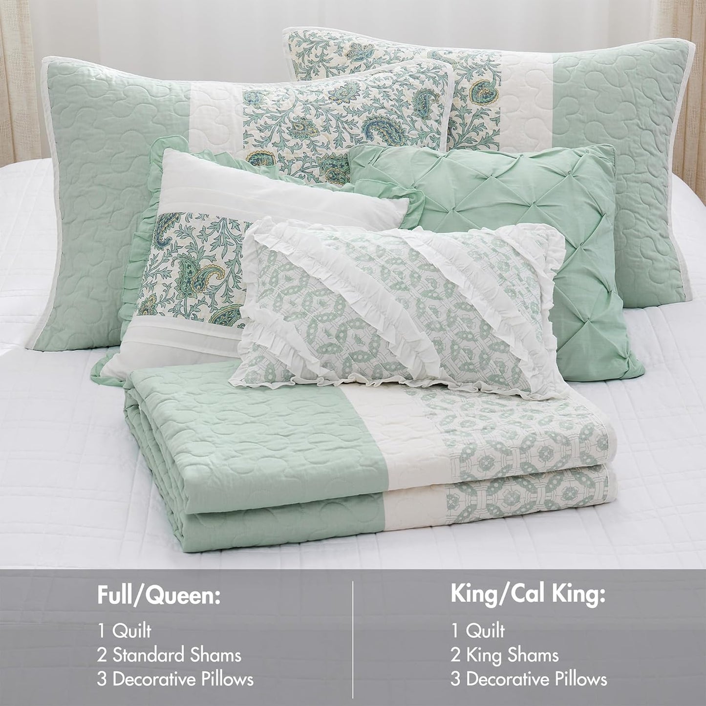 100% Cotton Quilt Set Floral Print, Double Sided Stitching, All Season, Lightweight Coverlet Shabby Chic Bedding Layer, Matching Shams, King/Cal King, Light Teal 6 Piece , Aqua