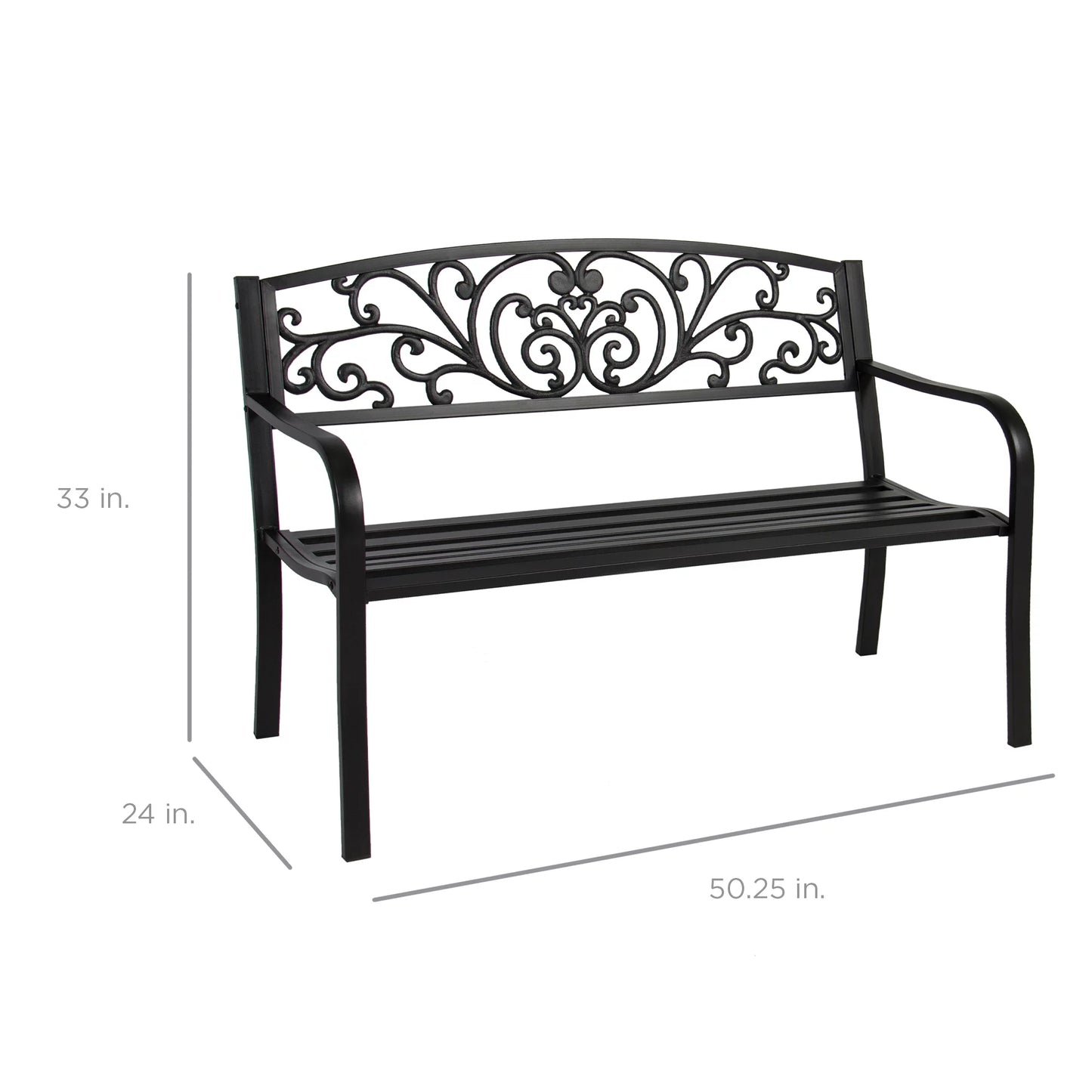 Outdoor Steel Bench Garden Patio Porch Furniture W/ Floral Design Backrest - Black