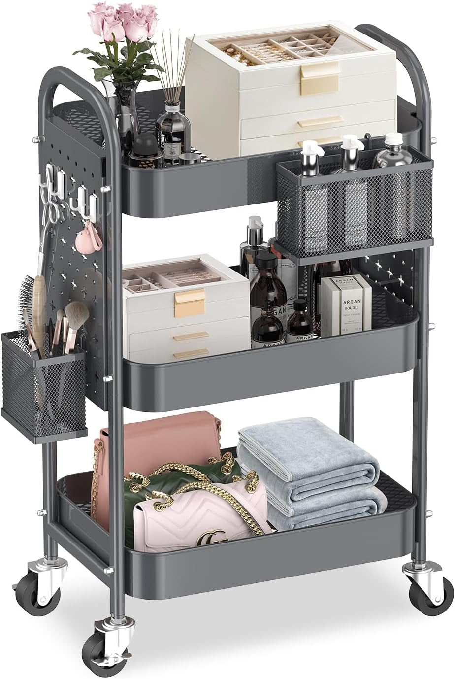 3 Tier Rolling Cart with DIY Pegboards Metal Utility Cart with Wheels Handles Baskets Hooks, Storage Cart for Office Kitchen Bathroom(Gray)