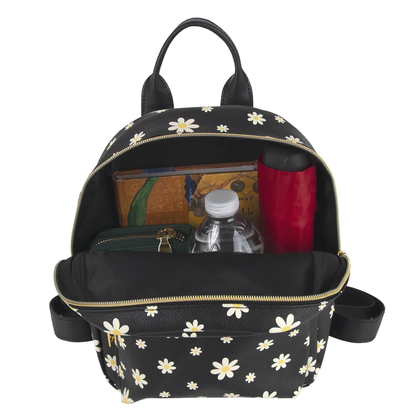 Mini Waterproof Vegan Leather Backpack for Women, Teens and Girls for Work, School, Recreation, Commuting & Traveling in Black Flowers