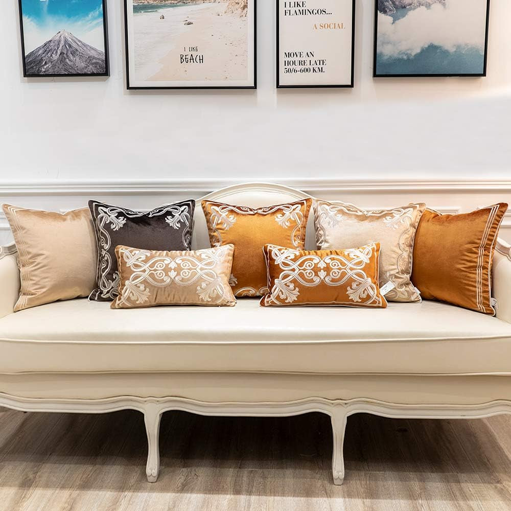 12 X 20 Inch European Cushion Cover Luxury Velvet Home Decorative Embroidery Petunias Pillow Case Pillowcase for Sofa Chair Bedroom Living Room, Beige
