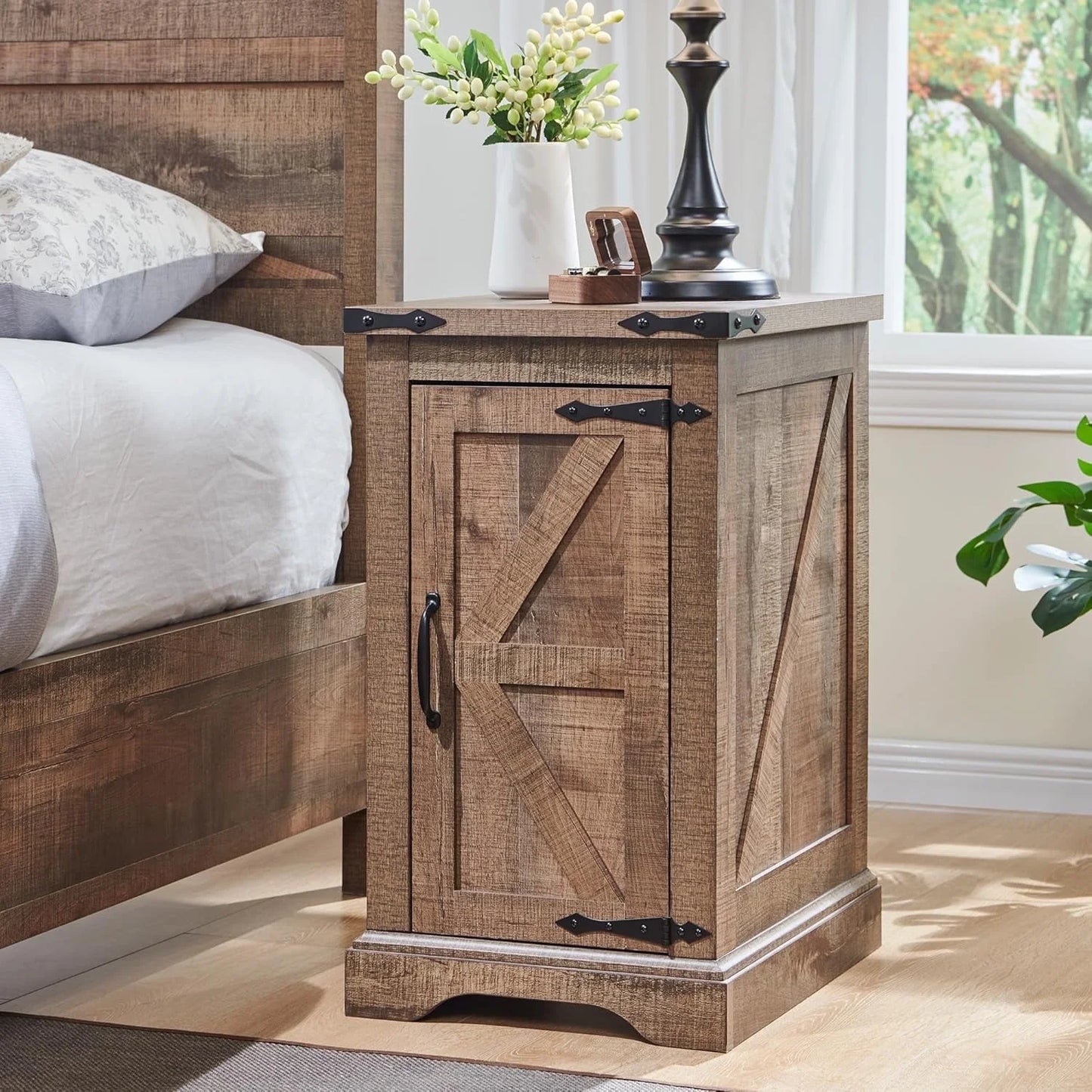 Farmhouse Nightstand with Charging Station, Wood End Table Side Table, Black
