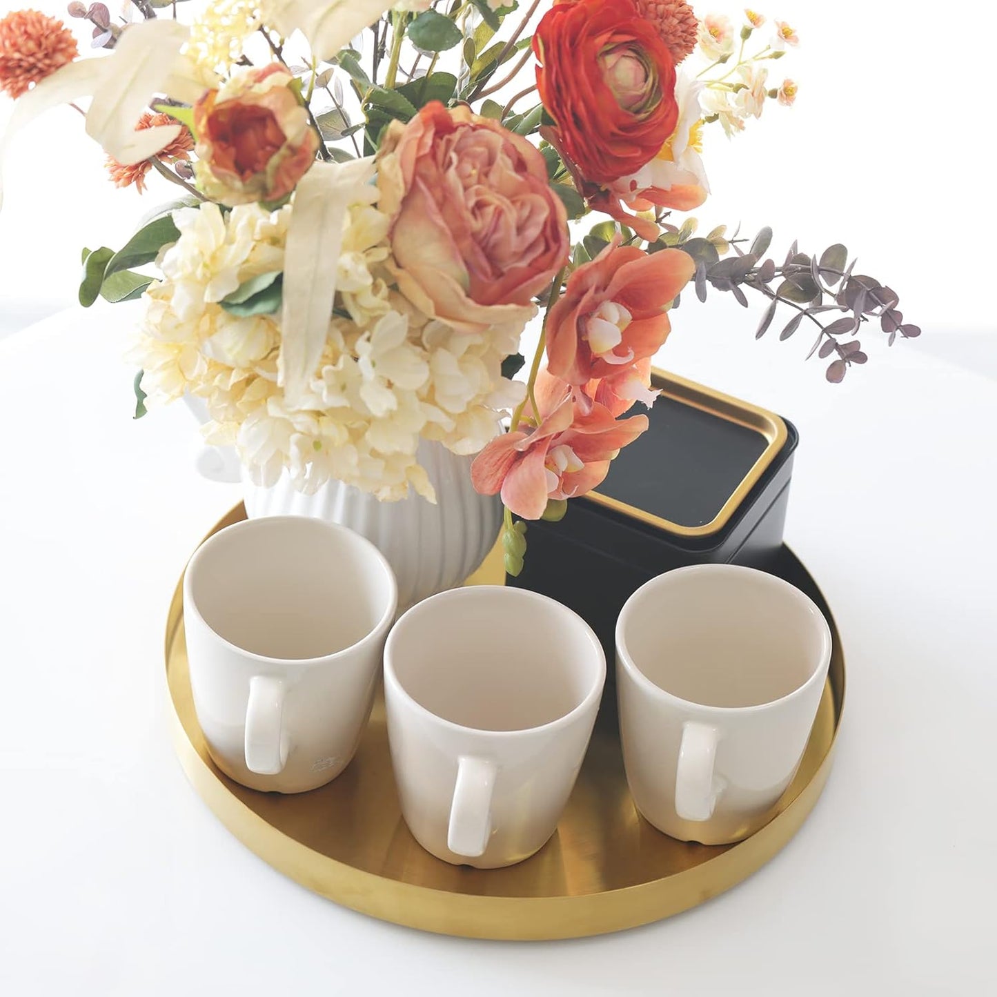 Metal round Decorative Tray, Perfume Jewelry Candle Organizer for Desk Vanity Countertop Bathroom Dresser Storage, Serving Platter for Kitchen Dinning Coffee Table, Brass Gold, 12 Inch