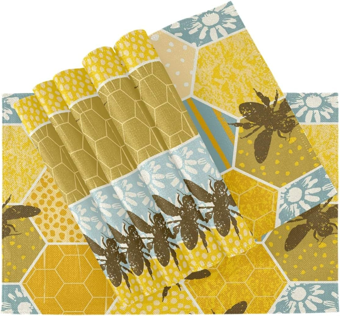 Honeycomb Bee Placemats Set of 6 Sunflowers Honey Bees Table Mats Burlap Placemat Washable Non-Slip Heat Resistant Place Mats for Party Kitchen Dining Decorations 12 X 18 Inch