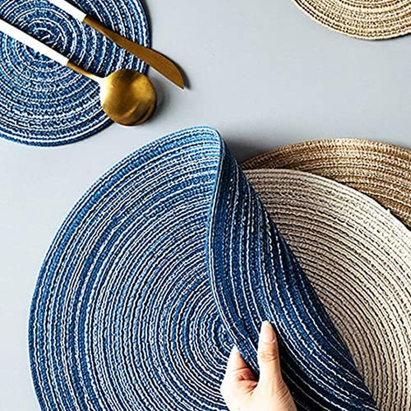 15Inch round Placemats Farmhouse Boho Placemats Cloth Placemat Rustic Woven Placemats for Dining Table Set of 6 Circle Placemats Linen Braided Placemats Washable Outdoor Blue Table Mats