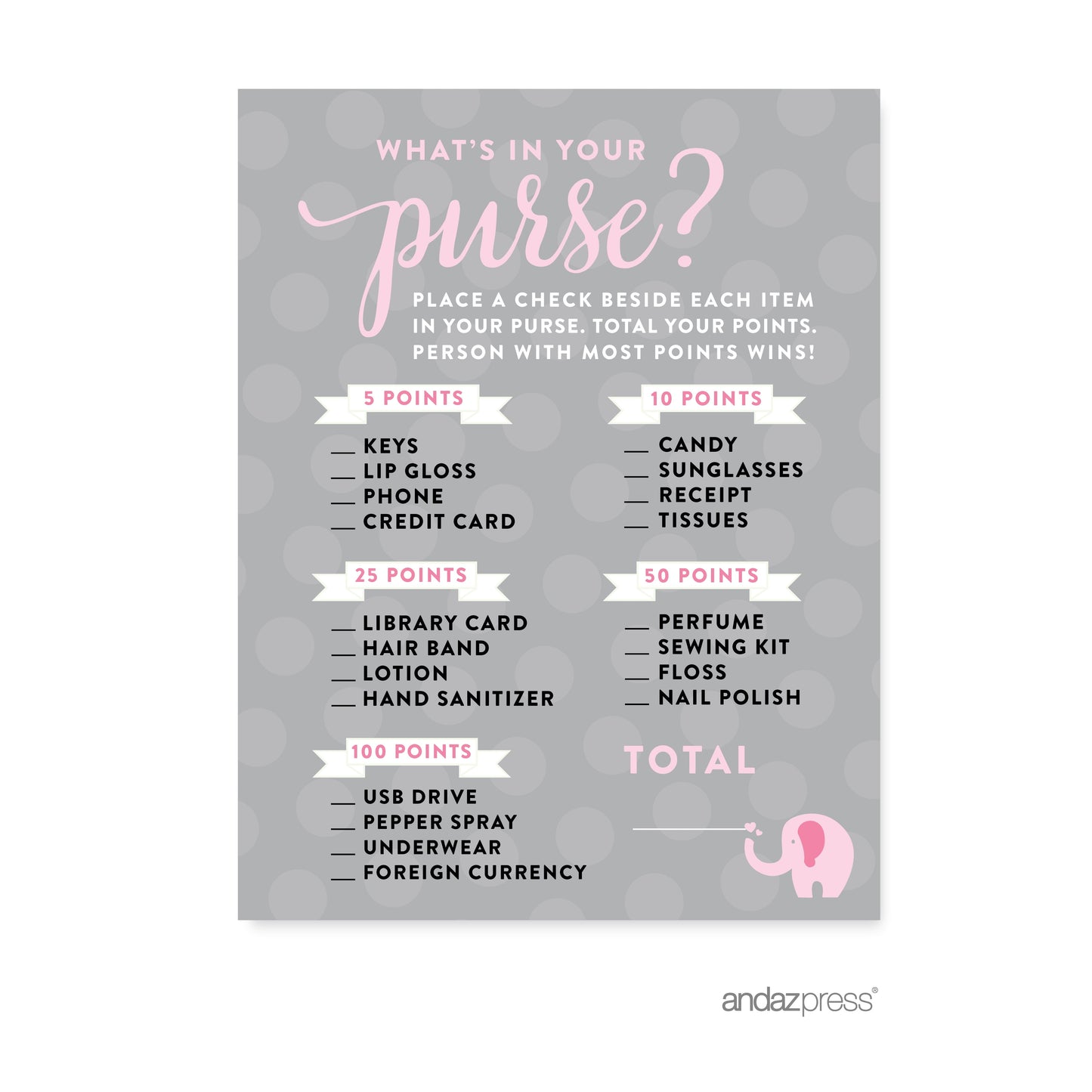 What'S in Your Purse? Bubblegum Pink Girl Elephant Baby Shower Games, 20-Pack