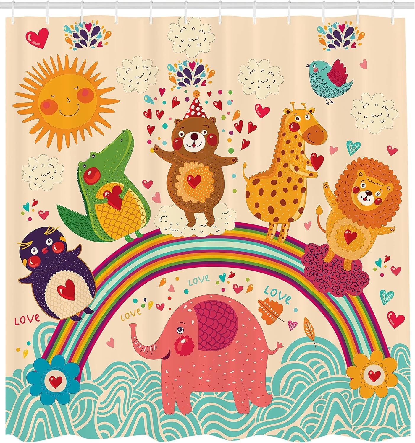 Cartoon Shower Curtain, Happy Animals Bear Lion Crocodile Birds on Rainbow Drawing Effect, Cloth Fabric Bathroom Decor Set with Hooks, 69" W X 70" L, Orange Green