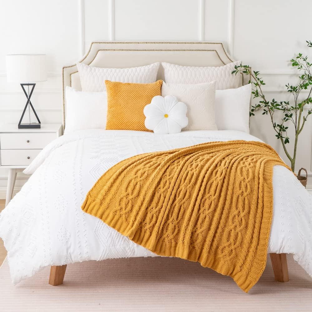 Mustard Yellow 51"X67" Chenille Throw Blanket for Couch, Sofa, Bed, All Seasons, Soft, Warm, Cozy