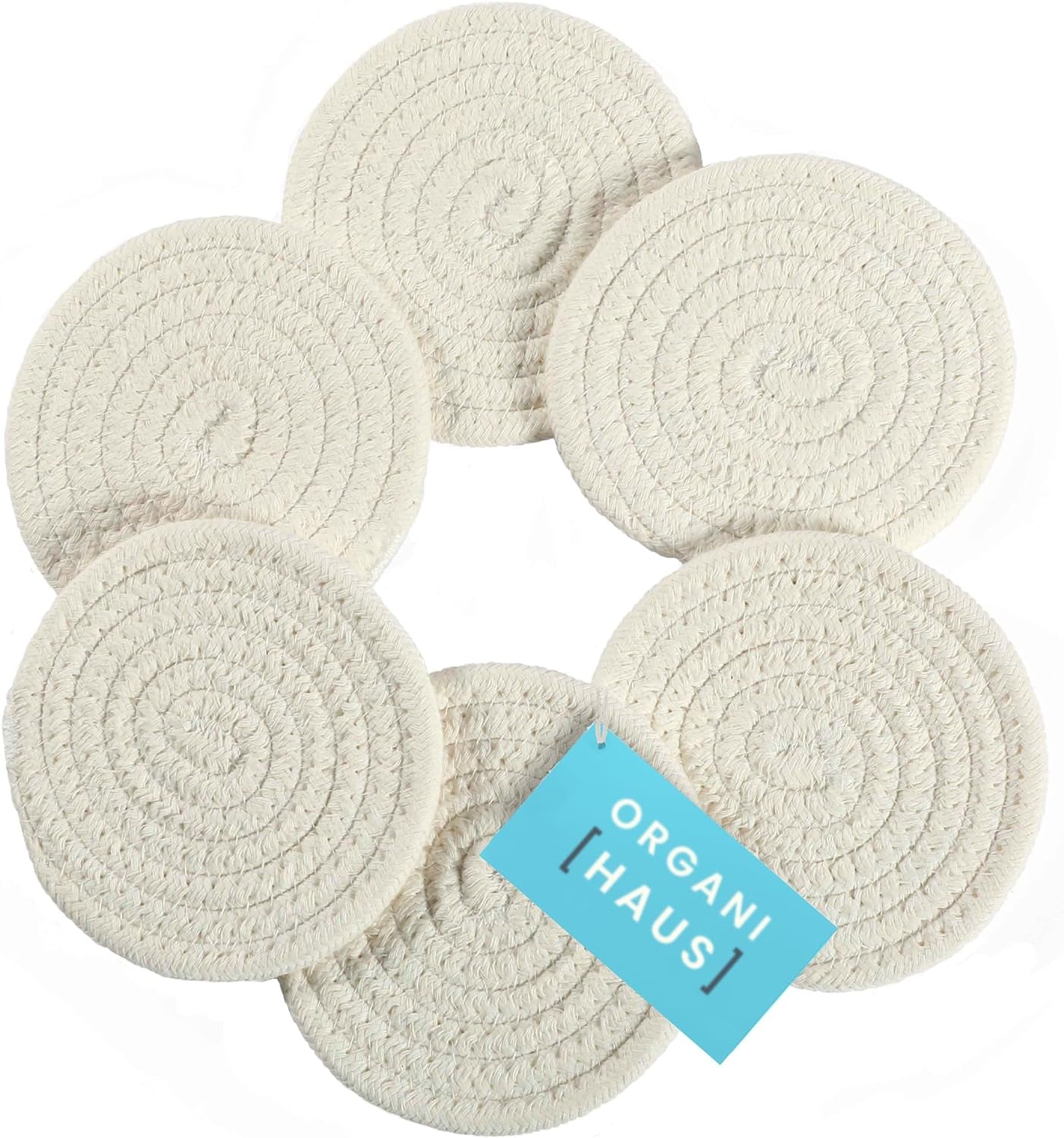 Set of 6 White Farmhouse Coasters for Coffee Table, 4.3" Aethetic Boho Coasters for Drinks, Absorbent Coasters, Cute Coasters, Moisture Absorbing Coasters, Woven Fabric Cup Coasters