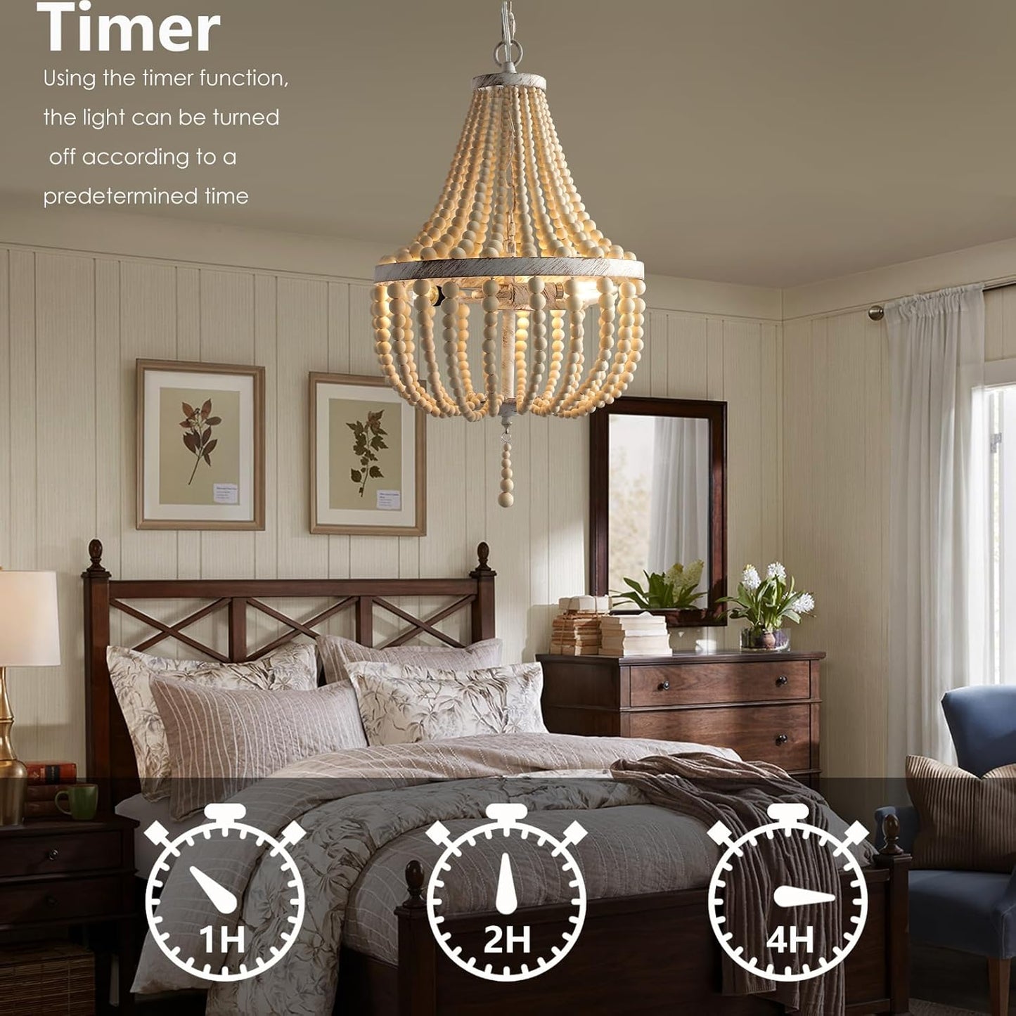3-Light Mini Wood Beaded Bohemian Plug in Chandelier Dimmable and Timer Pendant Light Fixture with 16.4Ft Swag Cord,Antique Metal Finish Natural Color Beads,Dining Room,Living Room,Foyer,Bedroom…
