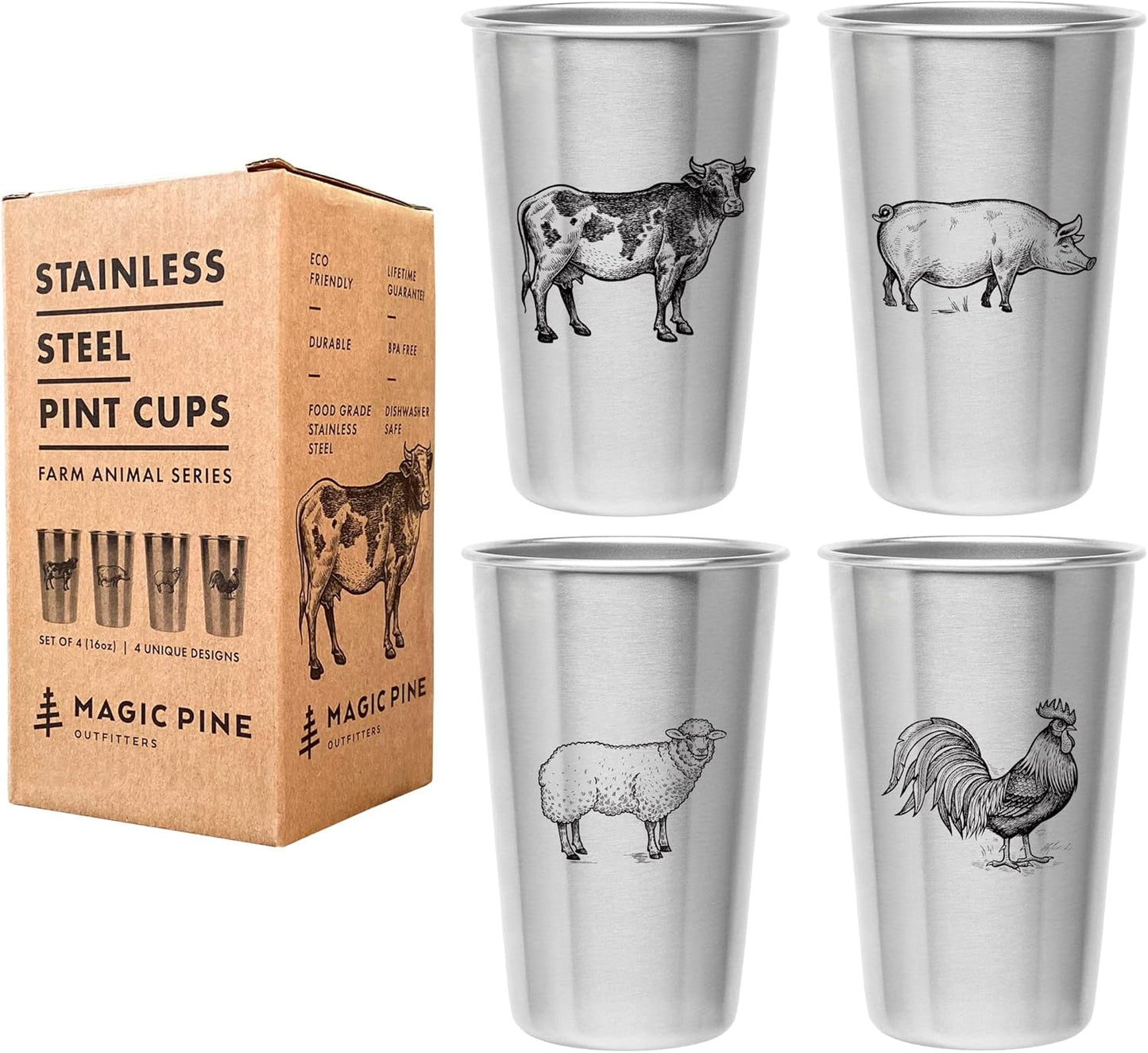 Kid-Proof Cups (Farm Animal Designs) - Set of 4 Stainless Steel Cups (16Oz)