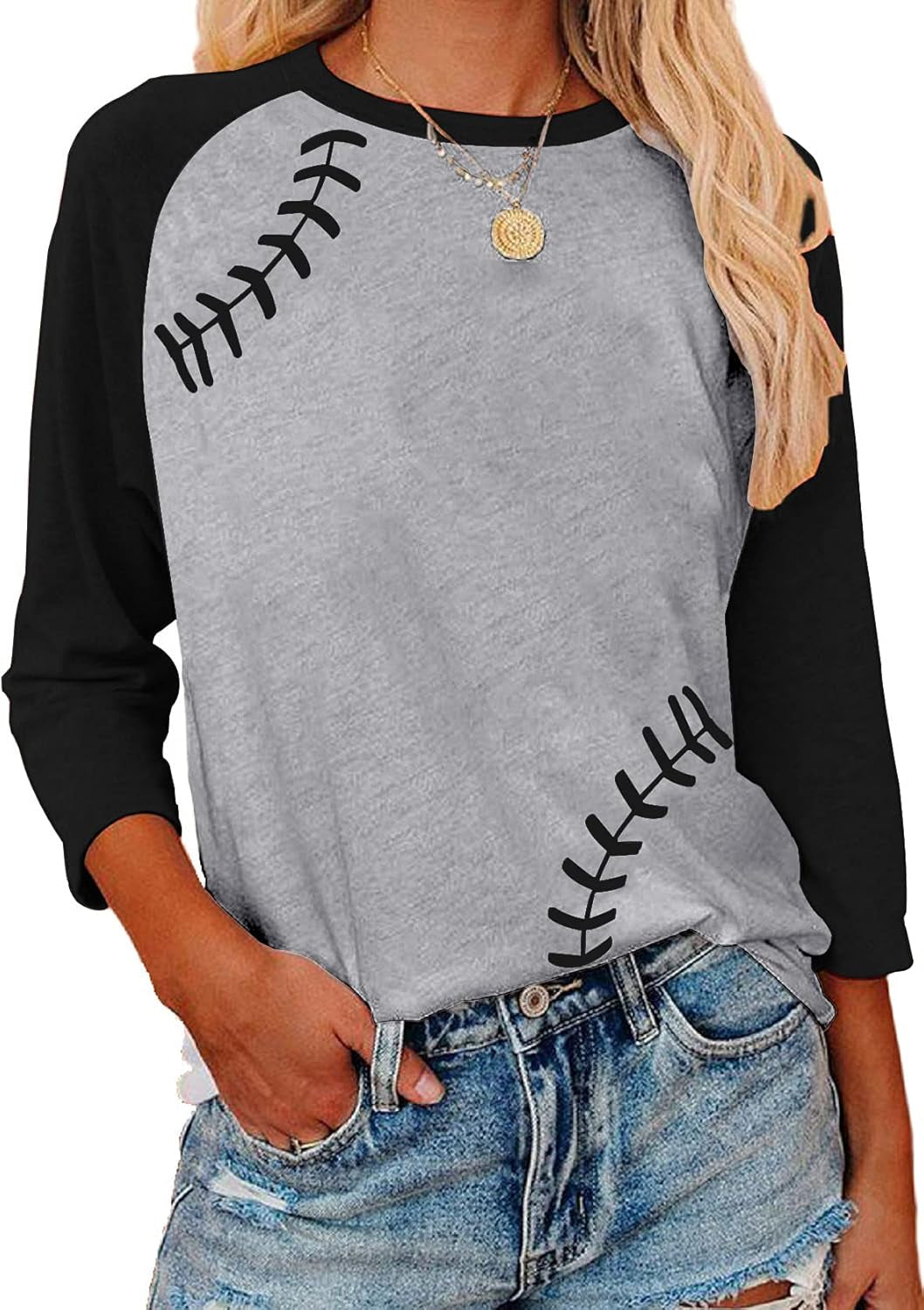 Womens Raglan Shirts 3/4 Sleeve Baseball Tee round Neck Patchwork Casual Blouse Tops