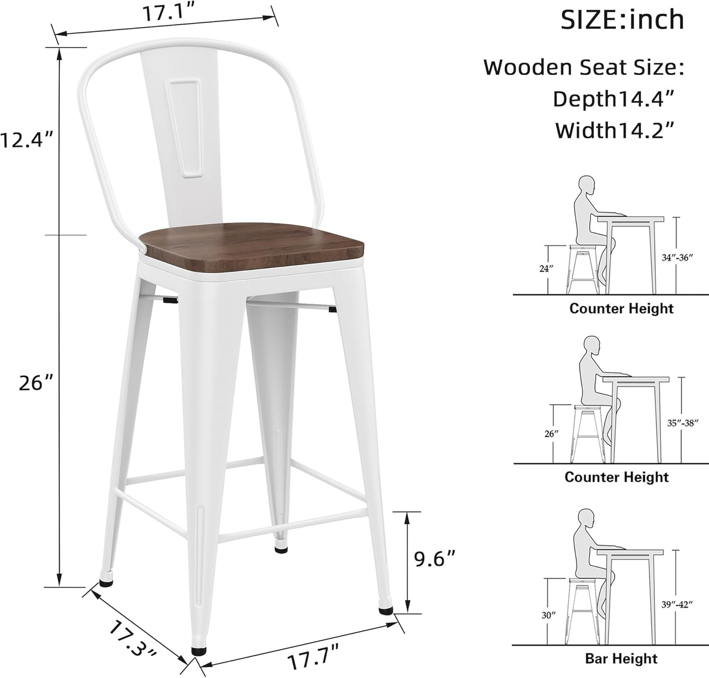 26 Inch Metal Bar Stools Set of 4 Farmhouse Kitchen Island Counter Height Bar Chairs High Back Barstools with Large Wooden Seat Cream White
