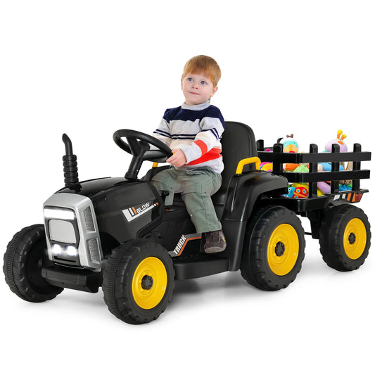 12V Kids Ride on Tractor with Trailer Ground Loader W/ RC & Lights Dark Black