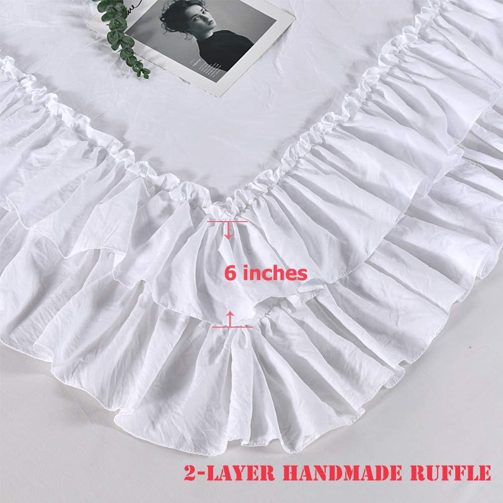 White Ruffled Shabby Comforter Set King,Boho Chic Farmhouse Bedding down Comforter Fluffy Cozy,Ultra Soft Washed Microfiber Inner Fill Bedding All Season 3 Piece Set with Ruffle Pillow Shams
