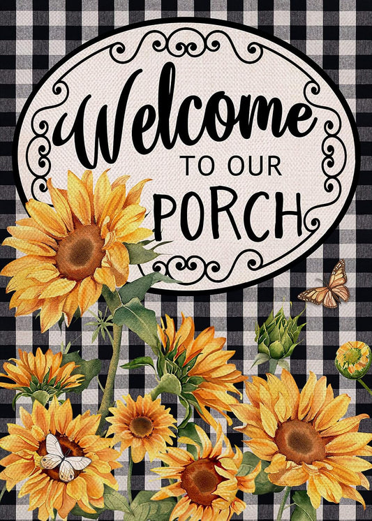 Home Decorative Welcome to Our Porch Spring Summer Sunflower Garden Flag, Black White Buffalo Plaid Check Yard outside Decoration, Fall Autumn Farmhouse Outdoor Small Decor 12 X 18