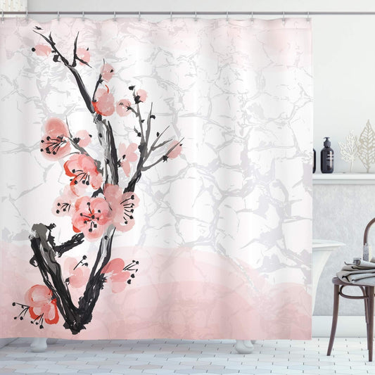 Floral Shower Curtain, Japanese Cherry Blossom Sakura Tree Branch Soft Pastel Watercolor Print, Cloth Fabric Bathroom Decor Set with Hooks, 69" W X 75" L, Pink Coral